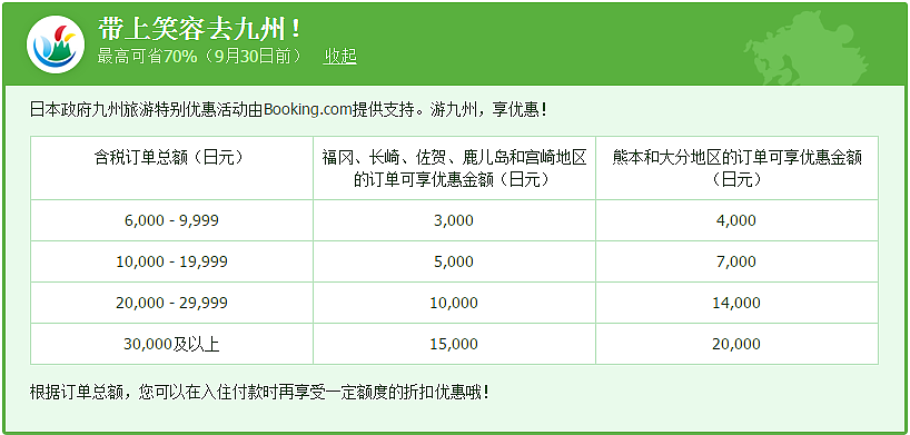 Booking.com推出预订日本九州酒店3折折扣优惠活动-带上笑容去九州