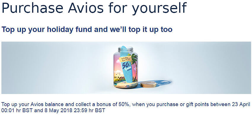 英國航空里數促銷：通過官網購買英航 Avios 里數享額外 50% 獎勵優惠（2018/5/8 前）