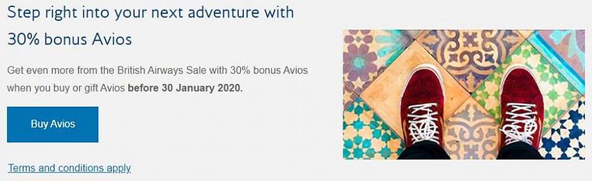 英航里程促销：通过官网购买英航Avios里程享额外30%奖励（2020-1-30前）