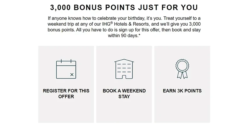 IHG 活動:會員生日積分獎勵,完成 2 晚週末住宿可賺取 3000 積分 IHG 活動:會員生日積分獎勵,完成 2 晚週末住宿可賺取 3000 積分